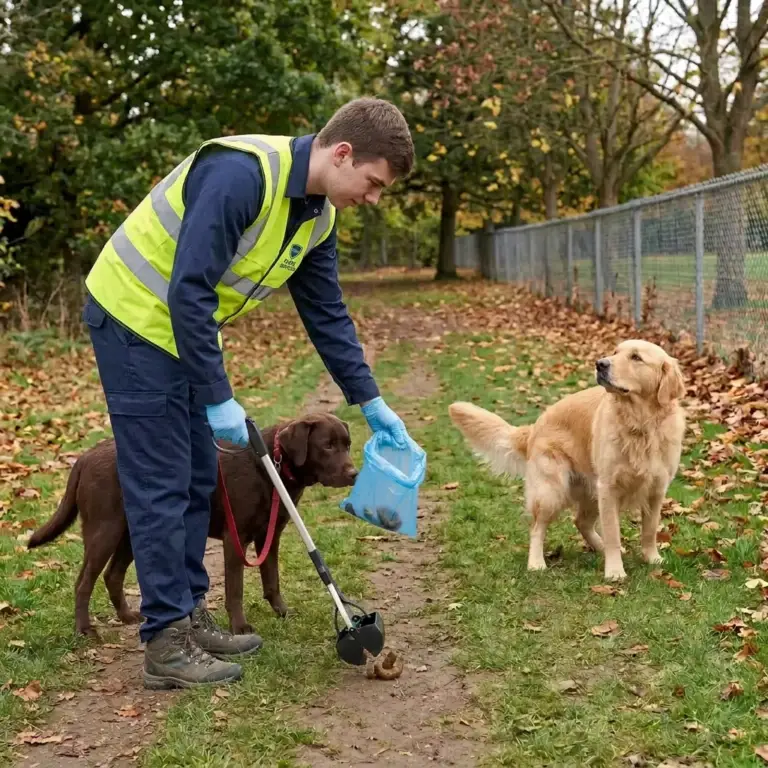 Woman cleaning up dog waste beside two dogs in an autumn park